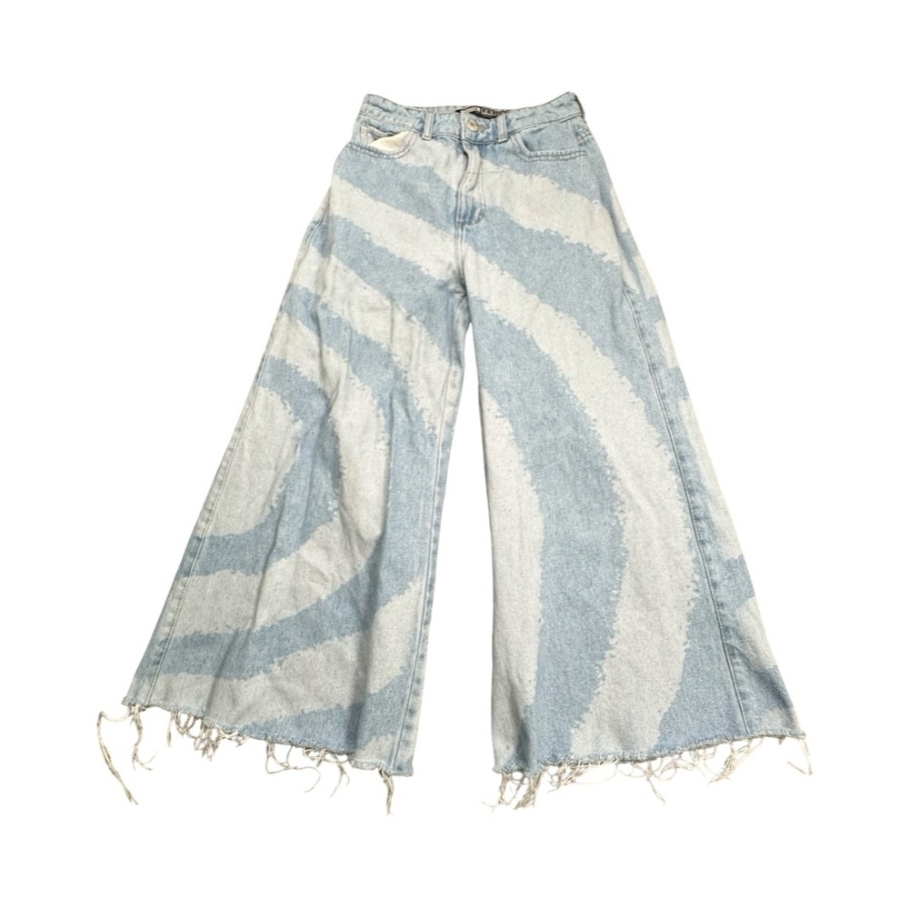 Youcom Jeans Womens 38 Blue Swirl Print Wide Leg High Rise Raw Hem Graphic Denim